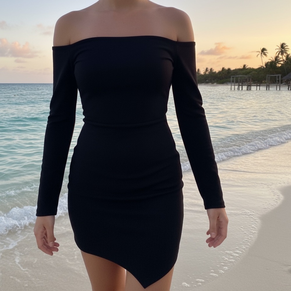 Black Off-Shoulder Bodycon Dress | Size XS | Like New | Wrap Hem summer